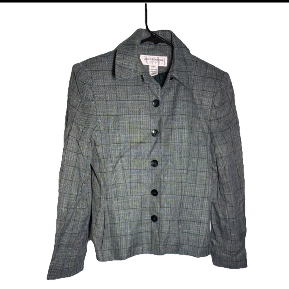Jones New York Gray/Green Plaid Tailored Button Jacket